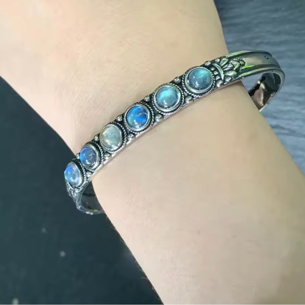 Sterling Silver Moonstone Cuff Bracelet in Iridescent Blue
